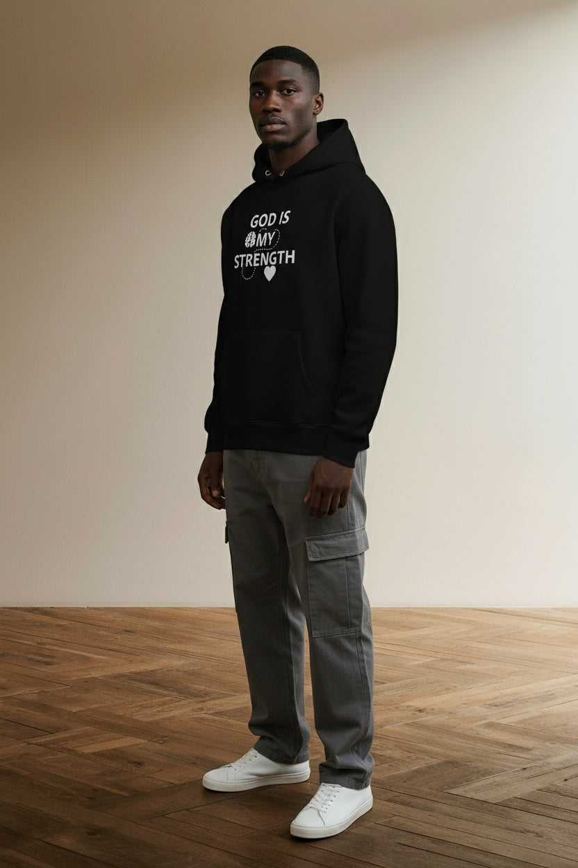 Model wearing GOD IS MY STRENGTH, (MIND AND HEART) HOODIE