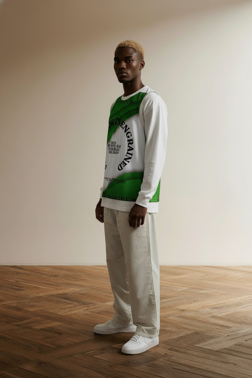 Model wearing PHILLY SPORTS ENGRAINED, "NOT (I) BUT (E)VERYBODY" jersey