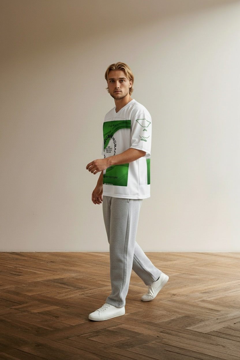 Model walking while wearing PHILLY SPORTS ENGRAINED, "NOT (I) BUT (E)VERYBODY" football jersey