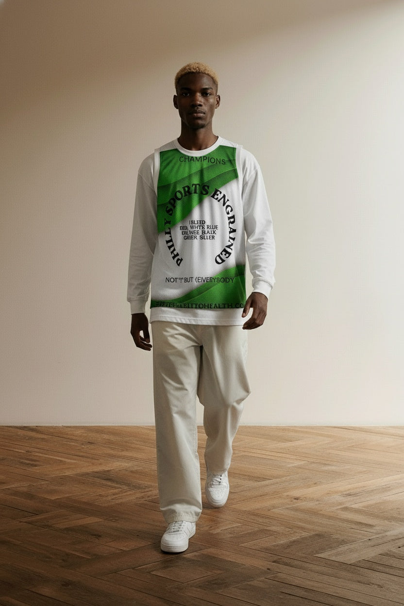 Model walking while wearing PHILLY SPORTS ENGRAINED, "NOT (I) BUT (E)VERYBODY" jersey