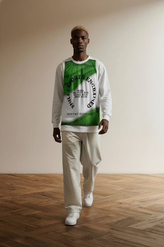 Model walking while wearing PHILLY SPORTS ENGRAINED, "NOT (I) BUT (E)VERYBODY" jersey