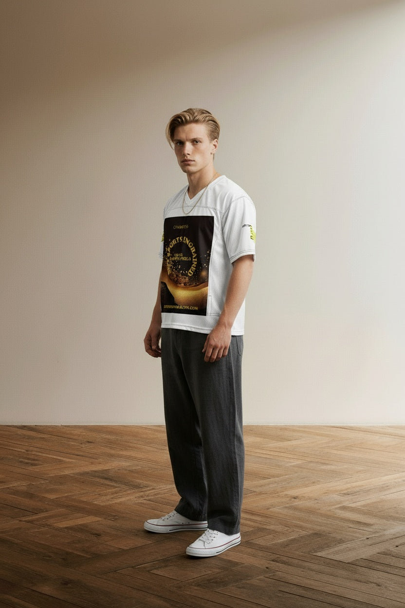 Model wearing PITT SPORTS ENGRAINED, "NOT (I) BUT (E)VERYBODY" football jersey