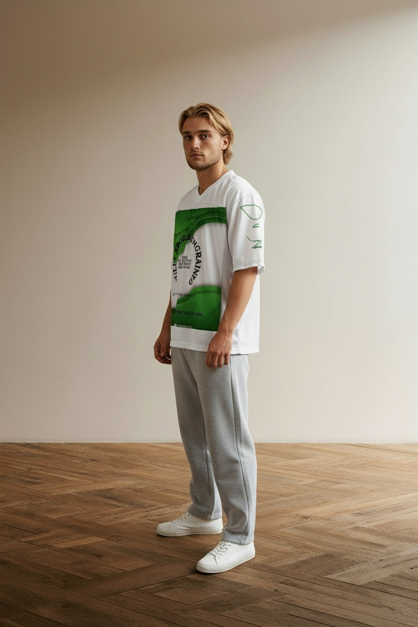 Model wearing PHILLY SPORTS ENGRAINED, "NOT (I) BUT (E)VERYBODY" football jersey