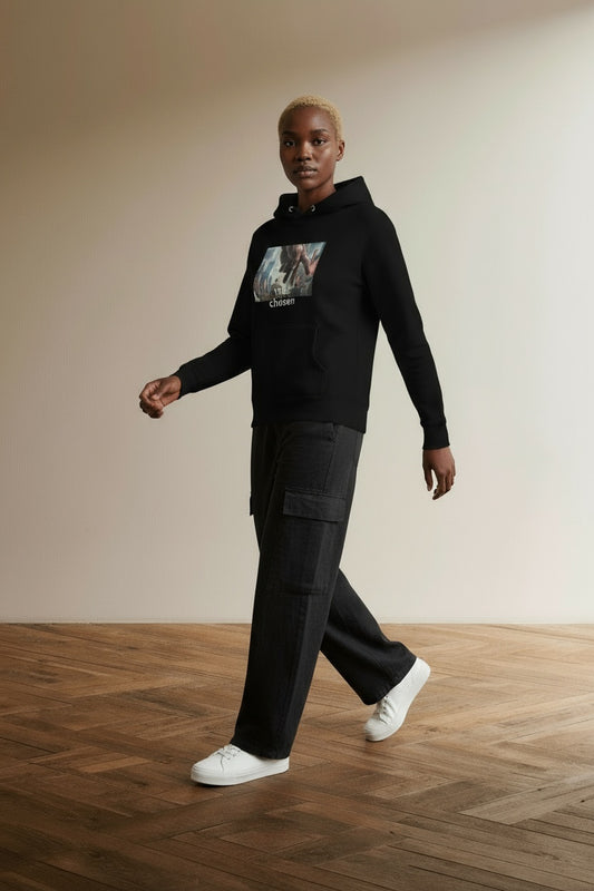 Model walking while wearing Unisex Hoodie