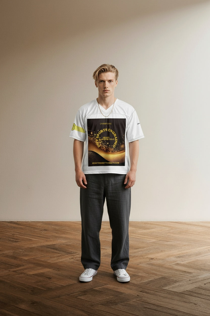 Full body view of the model wearing PITT SPORTS ENGRAINED, "NOT (I) BUT (E)VERYBODY" football jersey