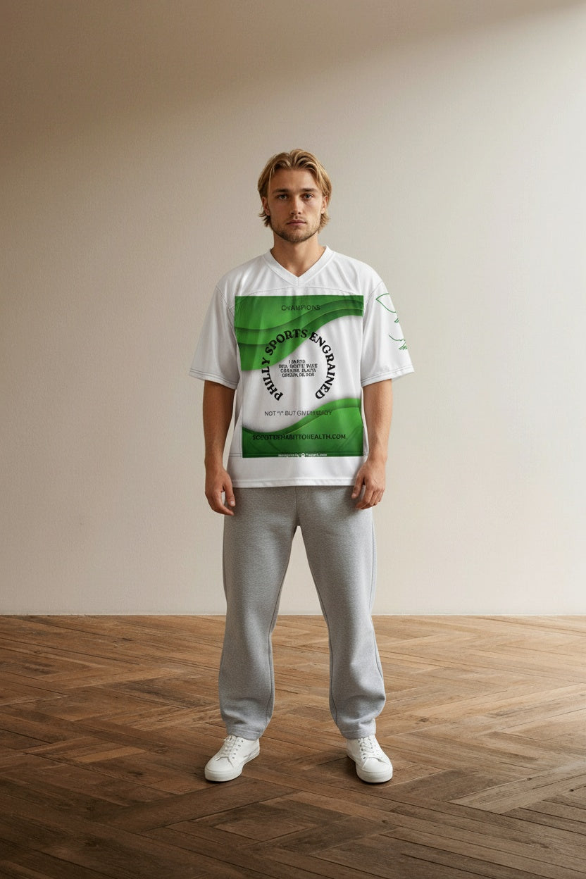 Full body view of the model wearing PHILLY SPORTS ENGRAINED, "NOT (I) BUT (E)VERYBODY" football jersey
