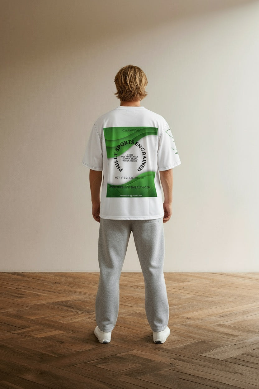 Back pose of the model wearing PHILLY SPORTS ENGRAINED, "NOT (I) BUT (E)VERYBODY" football jersey