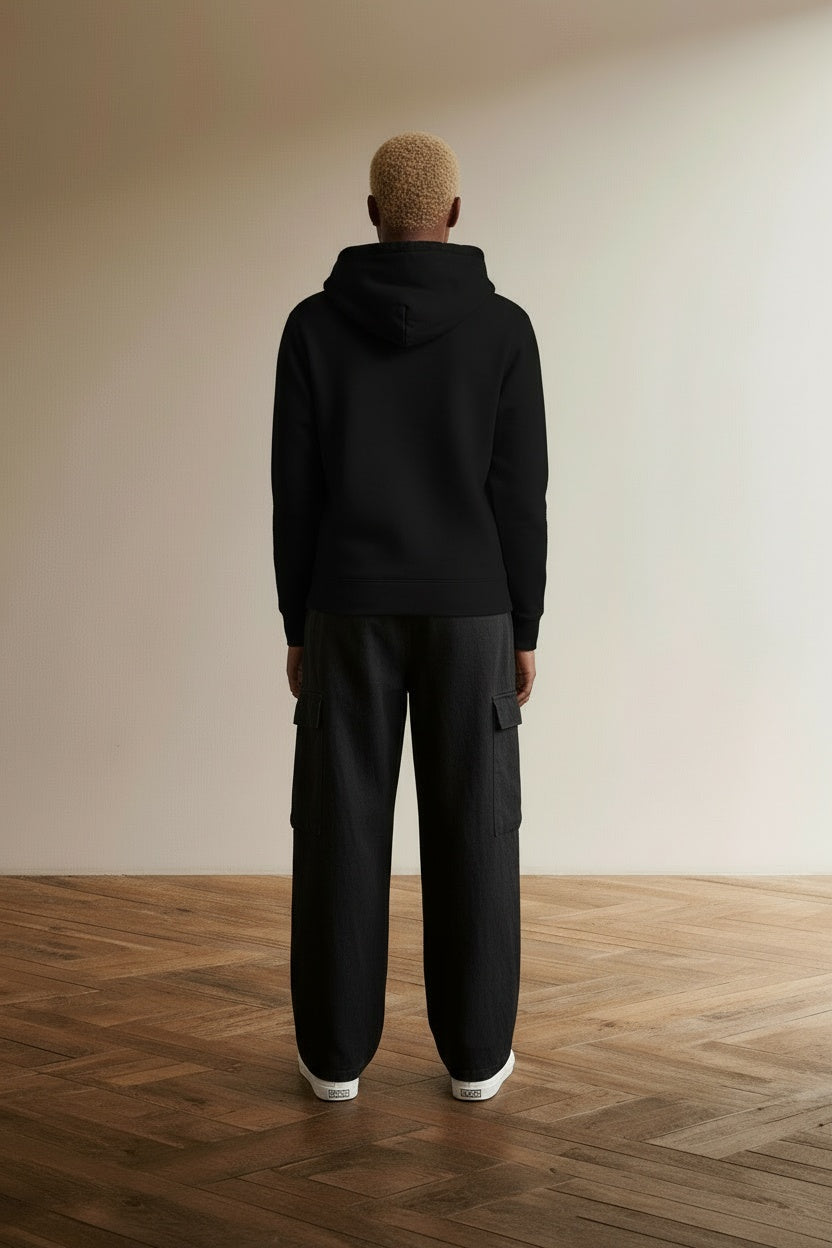 Back pose of the model wearing Unisex Hoodie