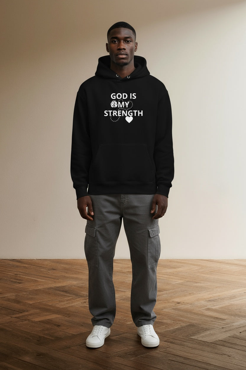 Full body view of the model wearing GOD IS MY STRENGTH, (MIND AND HEART) HOODIE