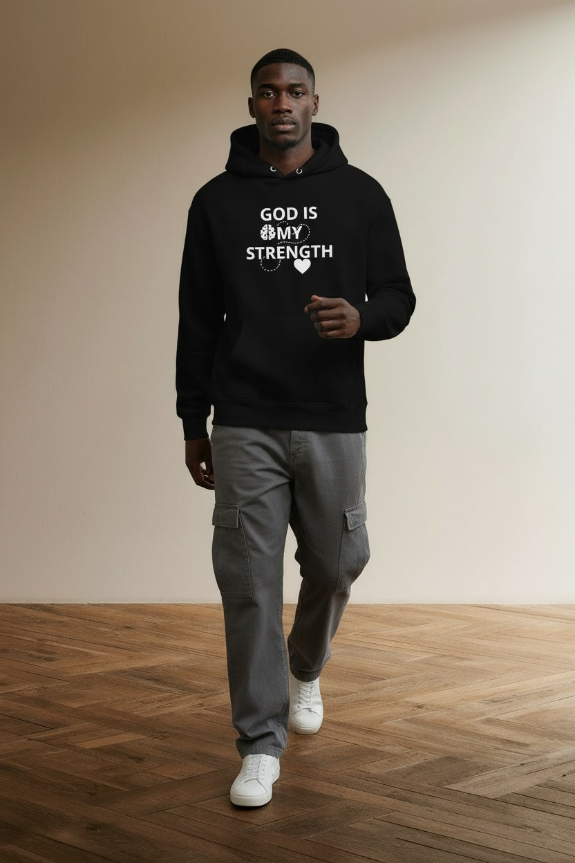 Model walking while wearing GOD IS MY STRENGTH, (MIND AND HEART) HOODIE