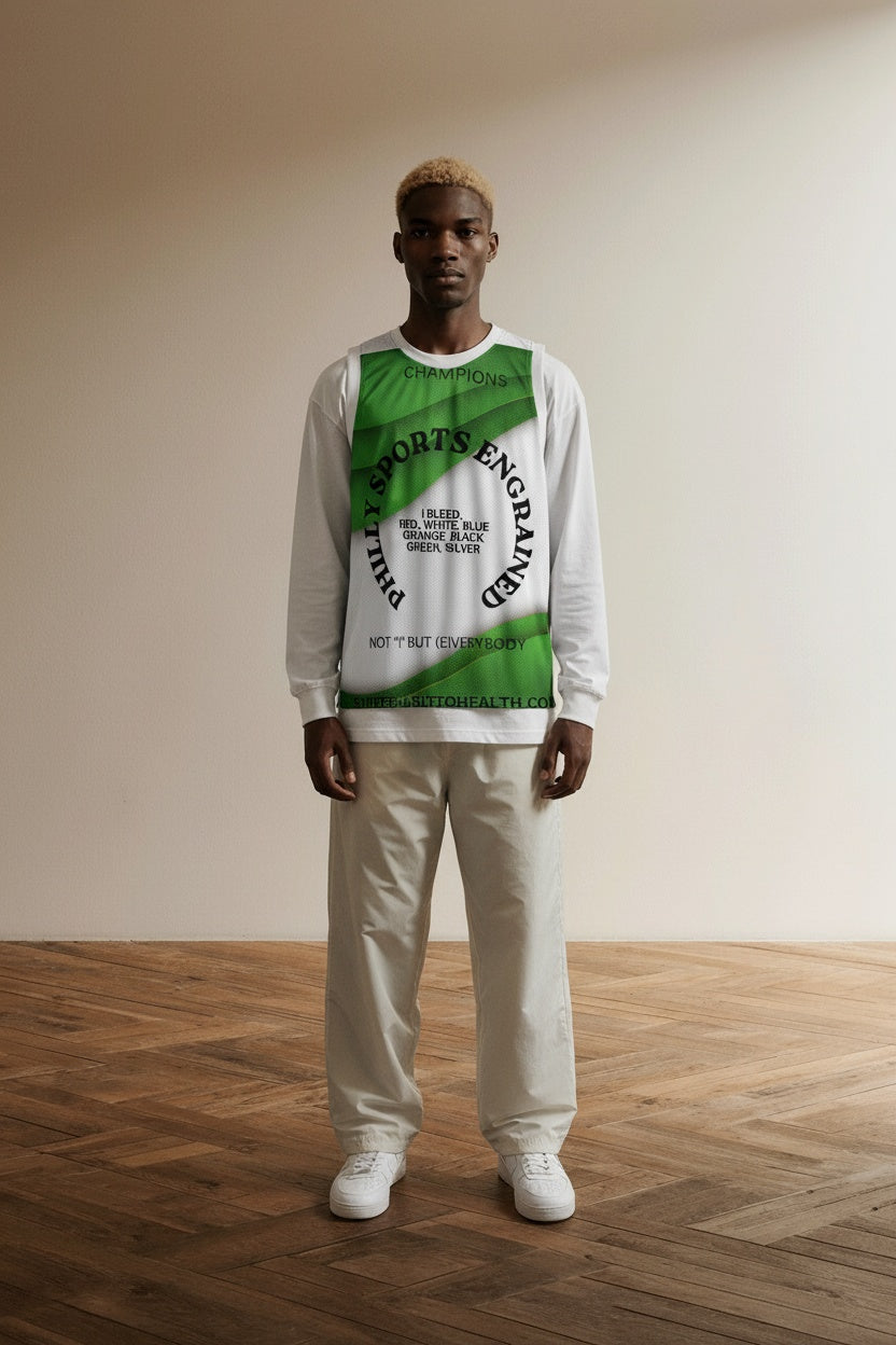Full body view of the model wearing PHILLY SPORTS ENGRAINED, "NOT (I) BUT (E)VERYBODY" jersey